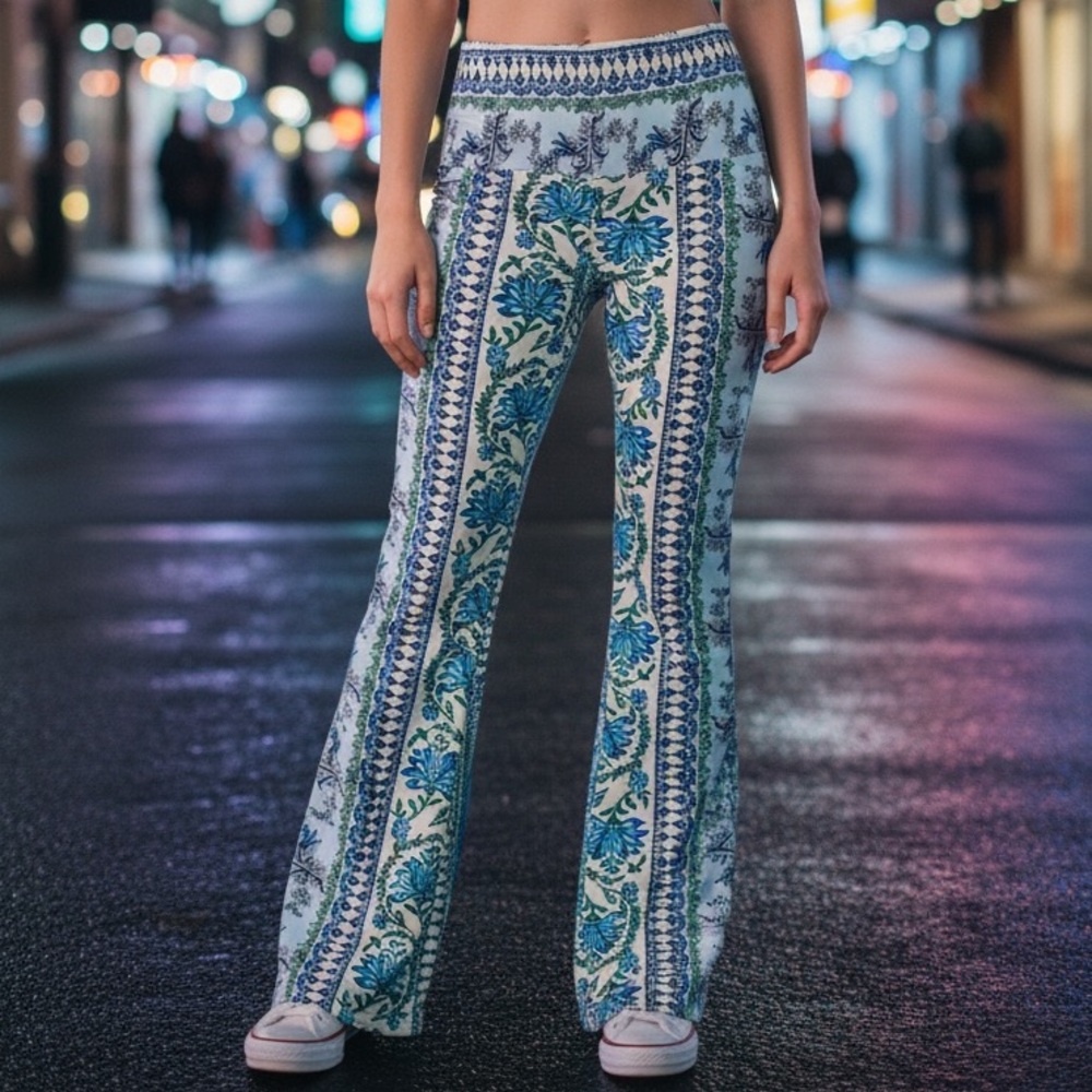 Blue Floral Print Wide-Leg Pants S